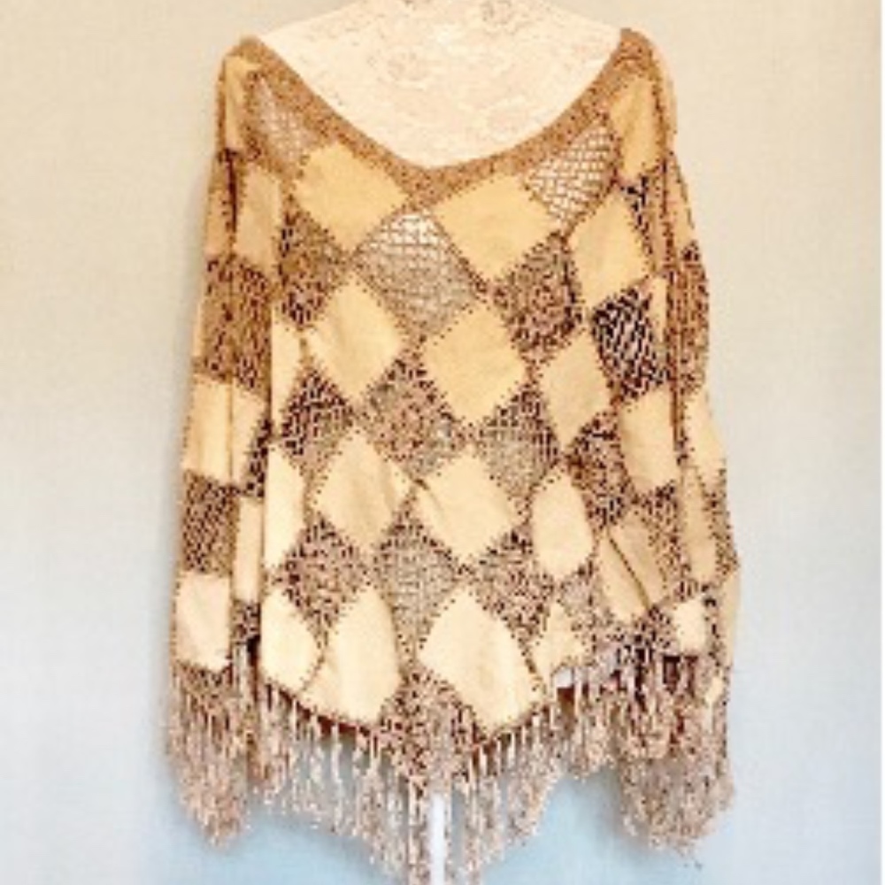Vintage Suede and Crochet Poncho  VS405